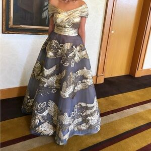 Marchesa Gold and Gray Off-Shoulder Maxi Dress